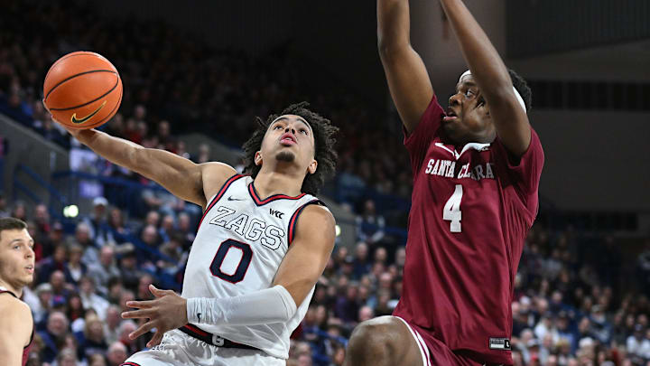 Feb 24, 2024; Spokane, Washington, USA; Gonzaga Bulldogs guard Ryan Nembhard (0) shoots the ball