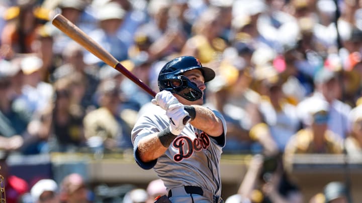 Mar 26, 2026; San Diego, California, USA; Detroit Tigers third baseman Kevin McGonigle (7) hits a double during the third inning against the San Diego Padres at Petco Park. Mandatory Credit: David Frerker-Imagn Images
