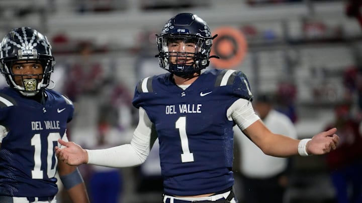 Del Valle High School's Jake Fette talks to his sideline during their game against Cooper High School at Del Valle High School on Nov. 14, 2024. Del Valley won their opening playoff game.