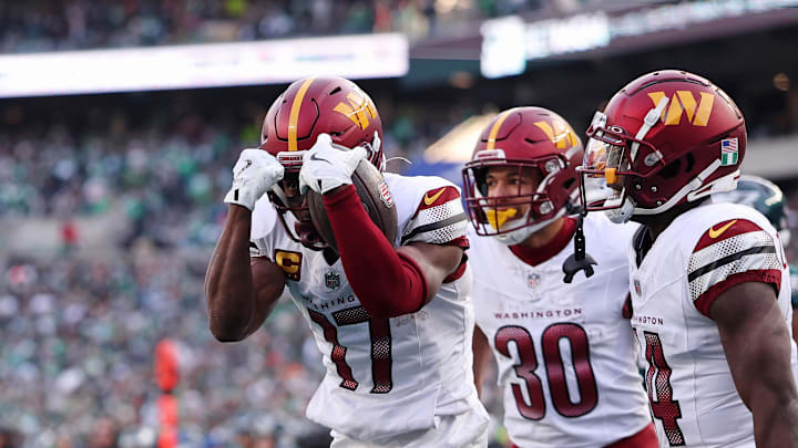 Washington Commanders wide receiver Terry McLaurin reacts after a play against the Philadelphia Eagles during the first half