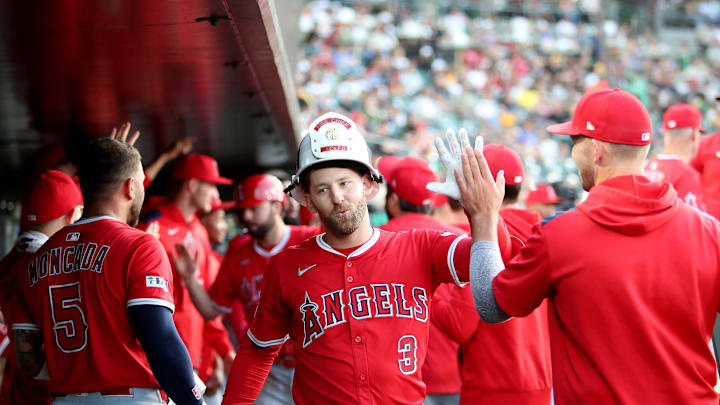 May 19, 2025; West Sacramento, California, USA; Los Angeles Angels left fielder Taylor Ward (3) celebrates with teammates after hitting a two run home run against the Athletics during the third inning at Sutter Health Park. Mandatory Credit: Dennis Lee-Imagn Images May 19, 2025; West Sacramento, California, USA; Los Angeles Angels left fielder Taylor Ward (3) celebrates with teammates after hitting a two run home run against the Athletics during the third inning at Sutter Health Park. Mandatory Credit: Dennis Lee-Imagn Images