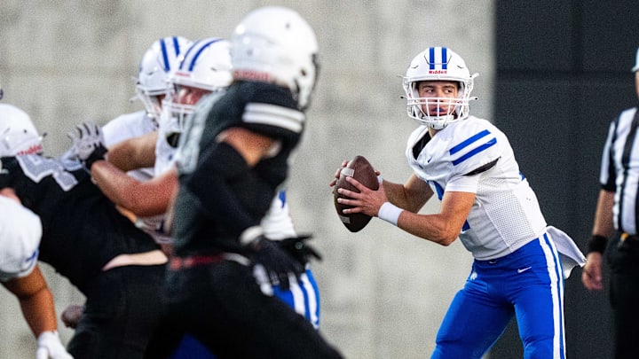 Waukee Northwest's Mack Heitland (14) looks to his receivers during a game against Des Moines Roosevelt on Thursday, Sept. 12, 2024, at Mediacom Stadium in Des Moines.