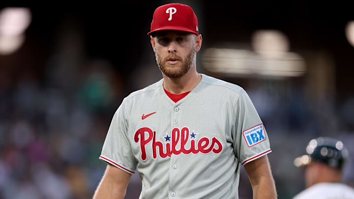 May 23, 2025; West Sacramento, California, USA; Philadelphia Phillies starting pitcher Zack Wheeler (45) walks back towards the dugout after the fourth inning against the Athletics at Sutter Health Park. Mandatory Credit: Dennis Lee-Imagn Images