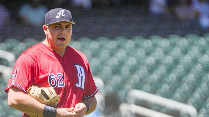 Reno Aces first baseman Ivan Melendez, a native of El Paso and former Coronado High School standout, plays against the El Paso Chihuahuas on April 22, 2026.