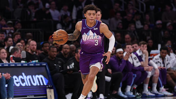 Jan 1, 2025; New York, New York, USA; Utah Jazz guard Keyonte George (3) dribbles up court during the first half against the New York Knicks at Madison Square Garden. Mandatory Credit: Vincent Carchietta-Imagn Images Jan 1, 2025; New York, New York, USA; Utah Jazz guard Keyonte George (3) dribbles up court during the first half against the New York Knicks at Madison Square Garden. Mandatory Credit: Vincent Carchietta-Imagn Images