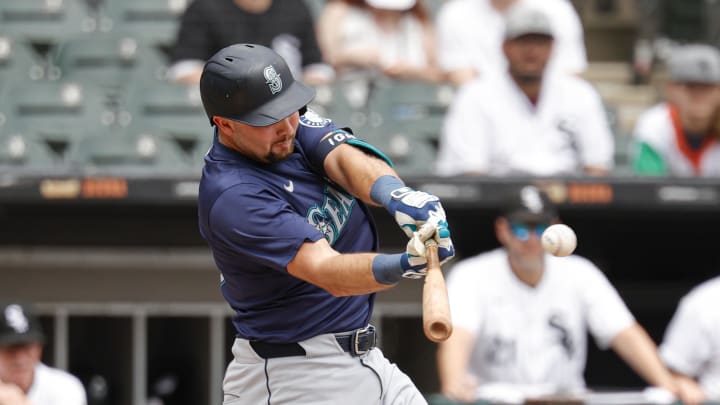 Seattle Mariners catcher Cal Raleigh (29) hits a two-run home run against the Chicago White Sox during the first inning at Guaranteed Rate Field on July 28.