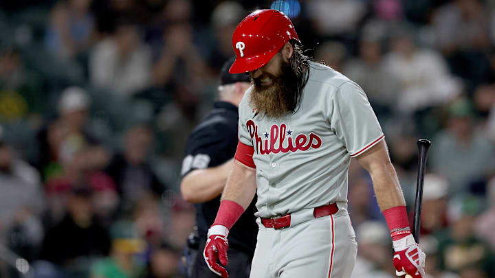 May 23, 2025; West Sacramento, California, USA; Philadelphia Phillies outfielder Brandon Marsh (16) reacts after striking out against the Athletics during the ninth inning at Sutter Health Park.