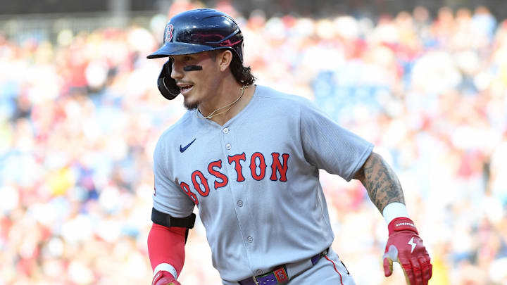 Jul 21, 2025; Philadelphia, Pennsylvania, USA; Boston Red Sox outfielder Jarren Duran (16) celebrates after hitting a home run during the first inning against the Philadelphia Phillies at Citizens Bank Park. Mandatory Credit: Eric Hartline-Imagn Images