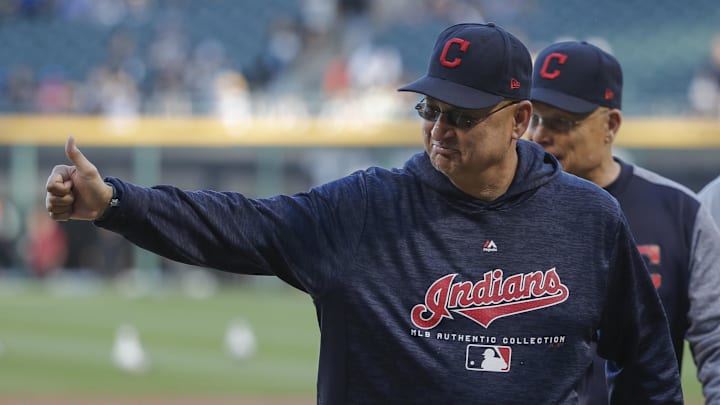 Jun 13, 2018; Chicago, IL, USA; Cleveland Indians manager Terry Francona (77) smiles before MLB game against the Chicago White Sox at Guaranteed Rate Field. Mandatory Credit: Kamil Krzaczynski-Imagn Images