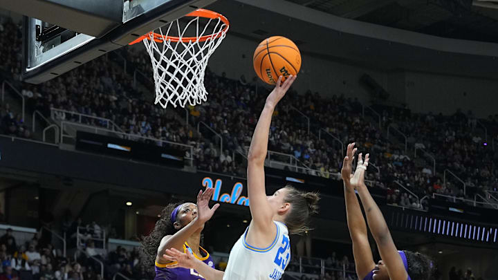 Mar 30, 2024; Albany, NY, USA; UCLA Bruins forward Gabriela Jaquez (23) shoots a layup against LSU.