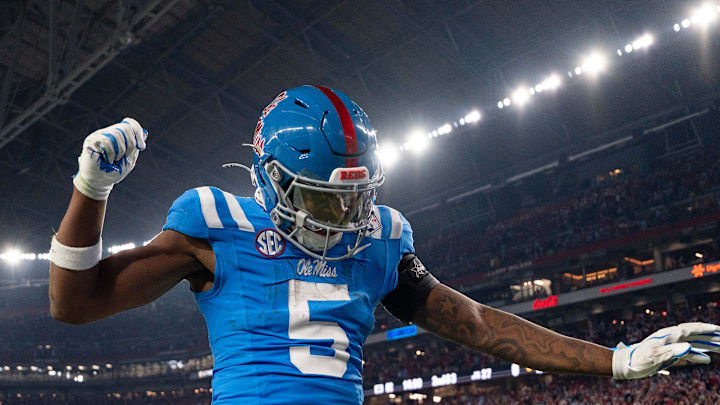 Ole Miss running back Kewan Lacy (5) celebrates after scoreing a touchdown during the CFP Fiesta Bowl against Miami at the State Farm Stadium, in Glendale, Ariz., on Thursday, Jan. 8, 2026. Ole Miss running back Kewan Lacy (5) celebrates after scoreing a touchdown during the CFP Fiesta Bowl against Miami at the State Farm Stadium, in Glendale, Ariz., on Thursday, Jan. 8, 2026.