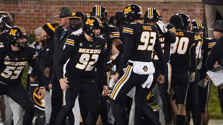 Nov 18, 2023; Columbia, Missouri, USA; Missouri Tigers place kicker Harrison Mevis (92) celebrates with team mates after the win over the Florida Gators at Faurot Field at Memorial Stadium. Mandatory Credit: Denny Medley-USA TODAY Sports Nov 18, 2023; Columbia, Missouri, USA; Missouri Tigers place kicker Harrison Mevis (92) celebrates with team mates after the win over the Florida Gators at Faurot Field at Memorial Stadium. Mandatory Credit: Denny Medley-USA TODAY Sports