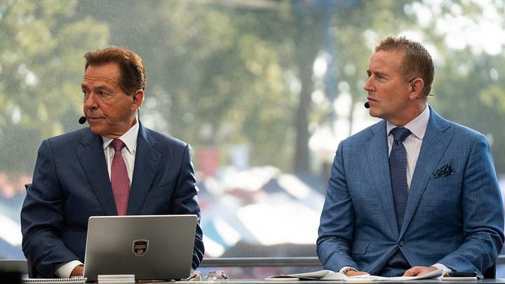 Nick Saban and Kirk Herbstreit listen to Ole Miss head coach Pete Golding speak during ESPN College GameDay ahead of the Ole Miss-LSU game in The Grove in Oxford, Miss., on Saturday, Sept. 19, 2026.