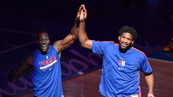 Apr 3, 2021; Philadelphia, Pennsylvania, USA; Philadelphia 76ers center Joel Embiid (21) high fives center Dwight Howard (39) during introductions against the Minnesota Timberwolves at Wells Fargo Center. Mandatory Credit: Eric Hartline-Imagn Images Apr 3, 2021; Philadelphia, Pennsylvania, USA; Philadelphia 76ers center Joel Embiid (21) high fives center Dwight Howard (39) during introductions against the Minnesota Timberwolves at Wells Fargo Center. Mandatory Credit: Eric Hartline-Imagn Images