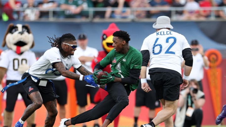 Feb 4, 2024; Orlando, FL, USA; AFC cornerback Sauce Gardner (1) intercepts a pass against the NFC during the 2024 Pro Bowl at Camping World Stadium. Mandatory Credit: Nathan Ray Seebeck-USA TODAY Sports