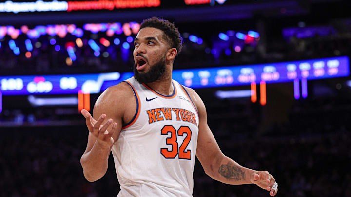 Jan 1, 2025; New York, New York, USA; New York Knicks center Karl-Anthony Towns (32) reacts during the second half against the Utah Jazz at Madison Square Garden. Mandatory Credit: Vincent Carchietta-Imagn Images Jan 1, 2025; New York, New York, USA; New York Knicks center Karl-Anthony Towns (32) reacts during the second half against the Utah Jazz at Madison Square Garden. Mandatory Credit: Vincent Carchietta-Imagn Images