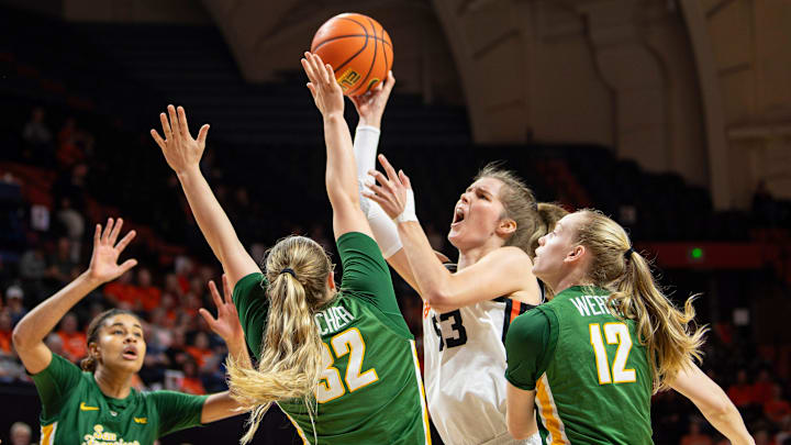 Oregon State's Kelsey Rees (53) puts up a shot between San Francisco defenders during an NCAA basketball game at Gill Coliseum on Thursday, Jan. 9, 2025, in Corvallis, Ore.