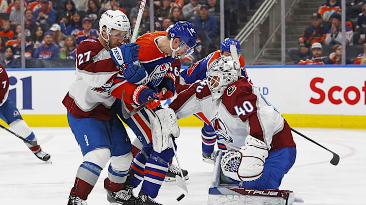 Mar 16, 2024; Edmonton, Alberta, CAN;  Edmonton Oilers forward Zach Hyman (18) looks for a loose