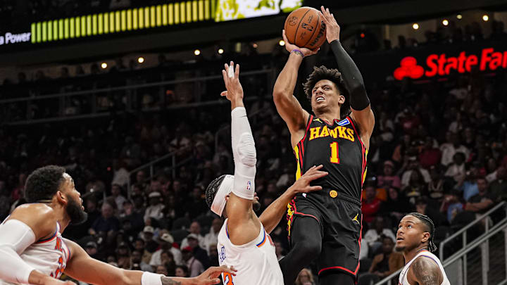 Apr 6, 2026; Atlanta, Georgia, USA; Atlanta Hawks forward Jalen Johnson (1) shoots over New York Knicks guard Josh Hart (3) during the second half at State Farm Arena. Mandatory Credit: Dale Zanine-Imagn Images