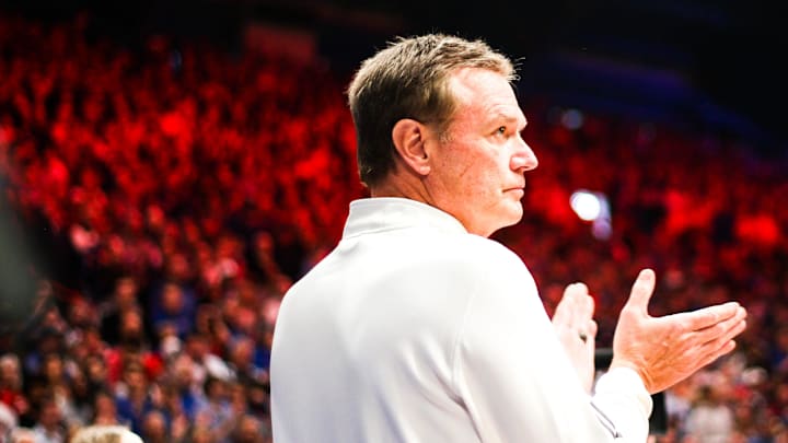 Kansas head coach Bill Self looks on during a college basketball game against Missouri at the Allen Fieldhouse on Dec. 9, 2023, in Lawrence, Kan. Kansas head coach Bill Self looks on during a college basketball game against Missouri at the Allen Fieldhouse on Dec. 9, 2023, in Lawrence, Kan.