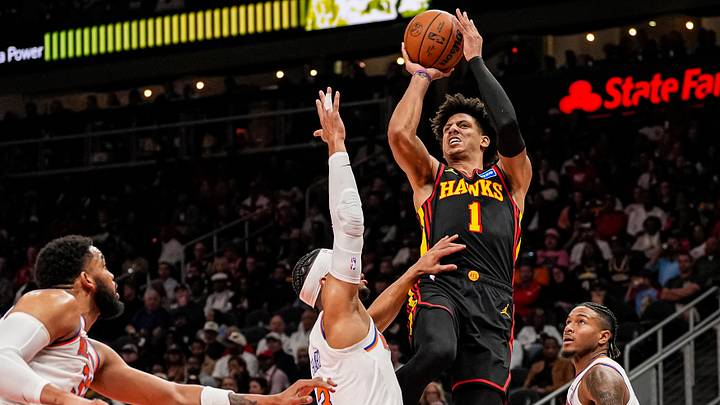 Apr 6, 2026; Atlanta, Georgia, USA; Atlanta Hawks forward Jalen Johnson (1) shoots over New York Knicks guard Josh Hart (3) during the second half at State Farm Arena. Mandatory Credit: Dale Zanine-Imagn Images Apr 6, 2026; Atlanta, Georgia, USA; Atlanta Hawks forward Jalen Johnson (1) shoots over New York Knicks guard Josh Hart (3) during the second half at State Farm Arena. Mandatory Credit: Dale Zanine-Imagn Images
