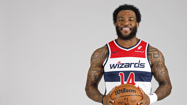 Sep 30, 2024; Washington, DC, USA; Washington Wizards forward Saddiq Bey (14) poses for a portrait during Washington Wizards media day 2024 at Capital One Arena. Mandatory Credit: Geoff Burke-Imagn Images Sep 30, 2024; Washington, DC, USA; Washington Wizards forward Saddiq Bey (14) poses for a portrait during Washington Wizards media day 2024 at Capital One Arena. Mandatory Credit: Geoff Burke-Imagn Images
