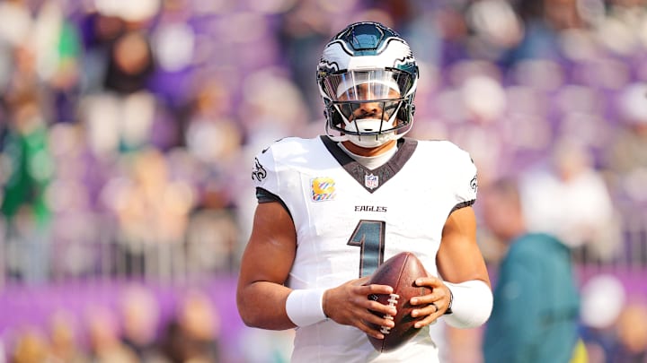 Philadelphia Eagles quarterback Jalen Hurts wore unreleased Air Jordan 11 sneakers before facing the Minnesota Vikings. Philadelphia Eagles quarterback Jalen Hurts wore unreleased Air Jordan 11 sneakers before facing the Minnesota Vikings.
