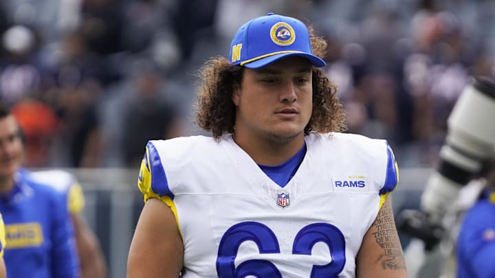 Sep 29, 2024; Chicago, Illinois, USA; Los Angeles Rams center Dylan McMahon (63) in a game against the Chicago Bears at Soldier Field. Mandatory Credit: David Banks-Imagn Images Sep 29, 2024; Chicago, Illinois, USA; Los Angeles Rams center Dylan McMahon (63) in a game against the Chicago Bears at Soldier Field. Mandatory Credit: David Banks-Imagn Images