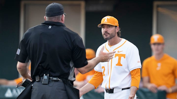 Tennessee baseball coach Tony Vitello exchanges words with the umpire at the NCAA college baseball Knoxville Regional final between Tennessee and Wake Forest on June 2, 2025, in Knoxville, Tenn.