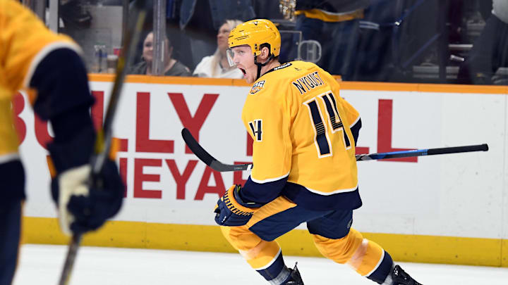 Mar 26, 2024; Nashville, Tennessee, USA; Nashville Predators center Gustav Nyquist (14) celebrates