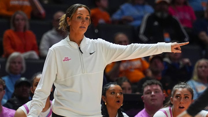 Tennessee coach Kim Caldwell points during a NCAA basketball game at Thompson-Boling Arena at Food City Center in Knoxville, Tenn., on Feb. 19, 2026. Tennessee coach Kim Caldwell points during a NCAA basketball game at Thompson-Boling Arena at Food City Center in Knoxville, Tenn., on Feb. 19, 2026.