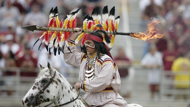 Sep 25, 2004; Tallahassee, FL, USA;   Florida State Seminoles mascot Chief Osceloa and the FSU horse Renegade.

Mandatory Credit: Imagn Images
(©) Copyright 2004 by Preston Mack