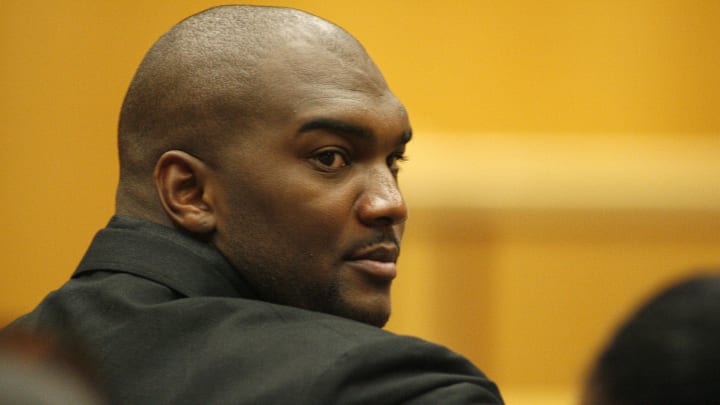 July 20, 2010; Mobile, AL, USA; Oakland Raiders former quarterback JaMarcus Russell in the courtroom where he entered a plea of not guilty this morning to a charge of possession of a controlled substance as he appeared in Mobile district court for his arraignment following an arrested earlier this month for possession of codeine syrup.  Russell, the former No. 1 overall draft pick who was released by the Raiders in May, was arrested at his home and charged with possession of a controlled