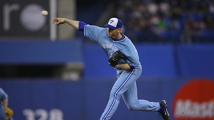Jul 11, 2008; Toronto, ON, Canada; Toronto Blue Jays starting pitcher Roy Halladay (32) delivers a