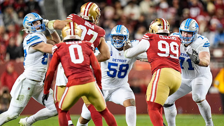 Detroit Lions offensive tackle Penei Sewell (58), center, and guard Kevin Zeitler (71), right, block San Francisco 49ers defensive end Nick Bosa (97), left, and defensive tackle Maliek Collins (99) during the second half at Levi's Stadium in Santa Clara, Calif. on Monday, Dec. 30, 2024. Detroit Lions offensive tackle Penei Sewell (58), center, and guard Kevin Zeitler (71), right, block San Francisco 49ers defensive end Nick Bosa (97), left, and defensive tackle Maliek Collins (99) during the second half at Levi's Stadium in Santa Clara, Calif. on Monday, Dec. 30, 2024.