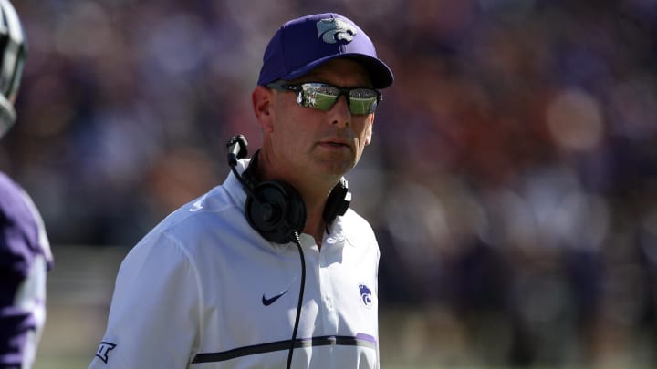Oct 22, 2016; Manhattan, KS, USA; Kansas State Wildcats associate head coach and special teams coordinator Sean Snyder looks to the sideline during a game against the Texas Longhorns at Bill Snyder Family Football Stadium. The Wildcats won, 24-21. Mandatory Credit: Scott Sewell-USA TODAY Sports