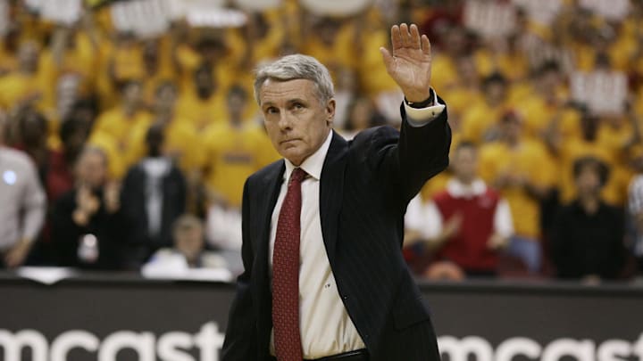 Feb 9, 2008; College Park, MD, USA; Maryland Terrapins Gary Williams waves to the crowd after a pre-game ceremony celebrating his 600th career win before the start of the game against the N.C. State Wolfpack at the Comcast Center in College Park, MD.  Mandatory Credit: James Lang-Imagn Images
