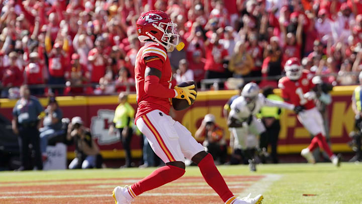 Oct 19, 2025; Kansas City, Missouri, USA; Kansas City Chiefs wide receiver Marquise Brown (5) scores a touchdown against the Las Vegas Raiders during the second quarter of the game at GEHA Field at Arrowhead Stadium. Mandatory Credit: Denny Medley-Imagn Images