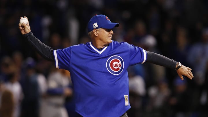 Oct 18, 2017; Chicago, IL, USA; Chicago Cubs former second baseman Ryne Sandberg throws out the ceremonial first pitch before game four of the 2017 NLCS playoff baseball series against the Los Angeles Dodgers at Wrigley Field. Oct 18, 2017; Chicago, IL, USA; Chicago Cubs former second baseman Ryne Sandberg throws out the ceremonial first pitch before game four of the 2017 NLCS playoff baseball series against the Los Angeles Dodgers at Wrigley Field.
