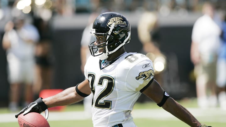 Sep 11, 2005; Jacksonville, FL USA; Jacksonville Jaguars receiver Jimmy Smith celebrates his second quarter TD reception against the Seattle Seahawks at Alltel Stadium. Mandatory Credit: Photo by Imagn Images (©) Copyright 2005 by Preston Mack