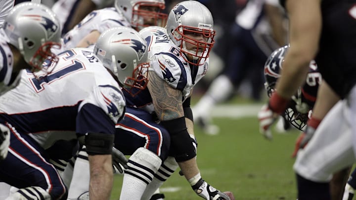 Jan 3, 2010; Houston, TX, USA; New England Patriots center Dan Koppen (67) prepares for a snap against the Houston Texans in the second quarter at Reliant Stadium. Mandatory Credit: Brett Davis-Imagn Images