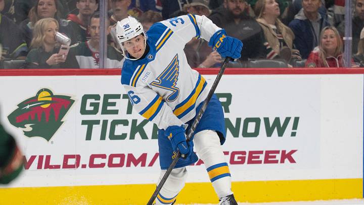 Oct 15, 2026; Saint Paul, Minnesota, USA;  St. Louis Blues defenseman Adam Jiricek (36) passes against the Minnesota Wild in the first period at Grand Casino Arena.  Mandatory Credit: Matt Blewett-Imagn Images