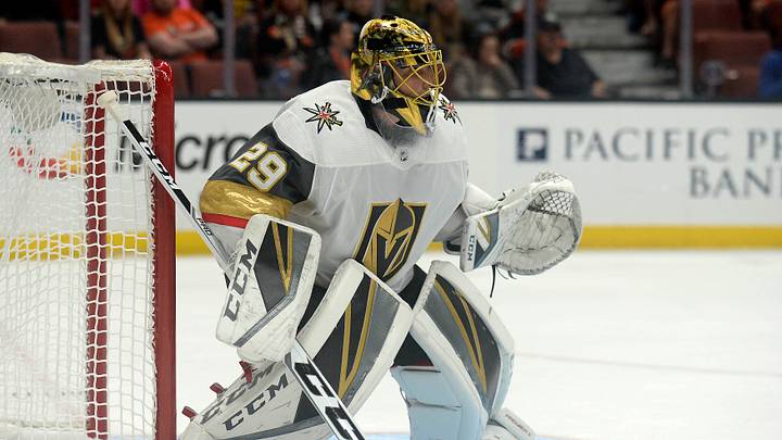 September 24, 2017; Anaheim, CA, USA; Vegas Golden Knights goalie Marc-Andre Fleury (29) defends the goal against the Anaheim Ducks during the first period at Honda Center. Mandatory Credit: Gary A. Vasquez-USA TODAY Sports September 24, 2017; Anaheim, CA, USA; Vegas Golden Knights goalie Marc-Andre Fleury (29) defends the goal against the Anaheim Ducks during the first period at Honda Center. Mandatory Credit: Gary A. Vasquez-USA TODAY Sports