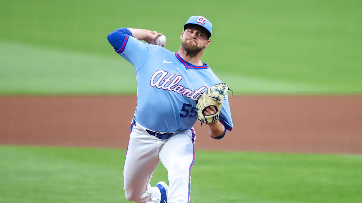 Apr 10, 2026; Atlanta, Georgia, USA; Atlanta Braves starting pitcher Bryce Elder (55) throws against the Cleveland Guardians in the first inning at Truist Park. Mandatory Credit: Brett Davis-Imagn Images
