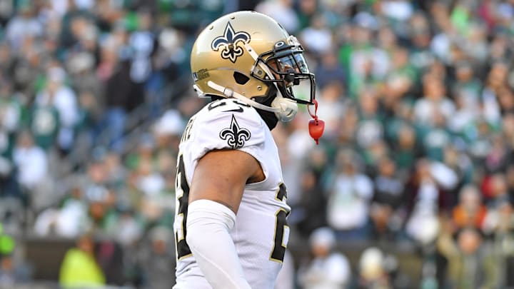 Jan 1, 2023; Philadelphia, Pennsylvania, USA; New Orleans Saints cornerback Marshon Lattimore (23) celebrates his interception return for a touchdown during the fourth quarter against the Philadelphia Eagles at Lincoln Financial Field. Mandatory Credit: Eric Hartline-Imagn Images