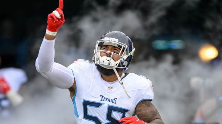 Sep 15, 2024; Nashville, Tennessee, USA;  Tennessee Titans linebacker Harold Landry III (58) takes the field against the New York Jets during the first half at Nissan Stadium. Mandatory Credit: Steve Roberts-Imagn Images