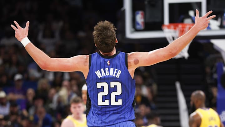 Mar 24, 2025; Orlando, Florida, USA; Orlando Magic forward Franz Wagner (22) reacts after a basket against the Los Angeles Lakers in the second quarter at Kia Center. Mandatory Credit: Nathan Ray Seebeck-Imagn Images