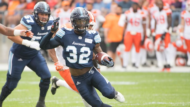 Aug 18, 2018; Toronto, Ontario, CAN; Toronto Argonauts running back James Wilder Jr. (32) runs with the ball during the first quarter during a Canadian Football League game against the BC Lions at BMO Field. Mandatory Credit: Nick Turchiaro-Imagn Images