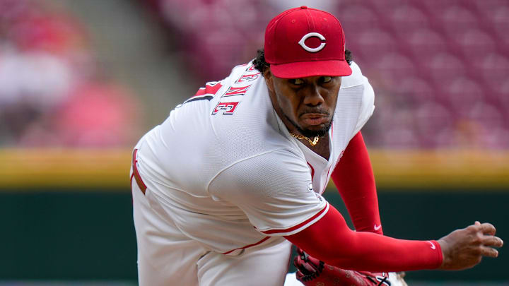 Cincinnati Reds pitcher Hunter Greene (21) throws a pitch in the second inning of a game against the Texas Rangers at Great American Ball Park.