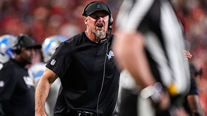 Detroit Lions head coach Dan Campbell talks to a referee before a play against Kansas City Chiefs during the first half at Arrowhead Stadium in Kansas City, Missouri on Sunday, Oct. 12, 2025.